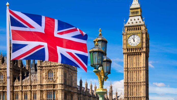 London Big Ben with UK flag