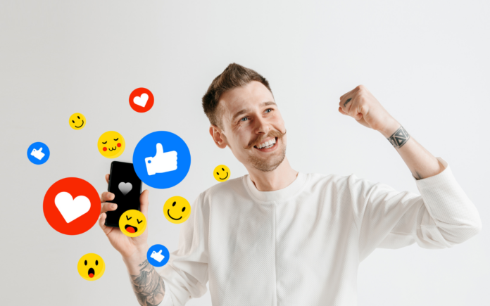 happy man using social media marketing